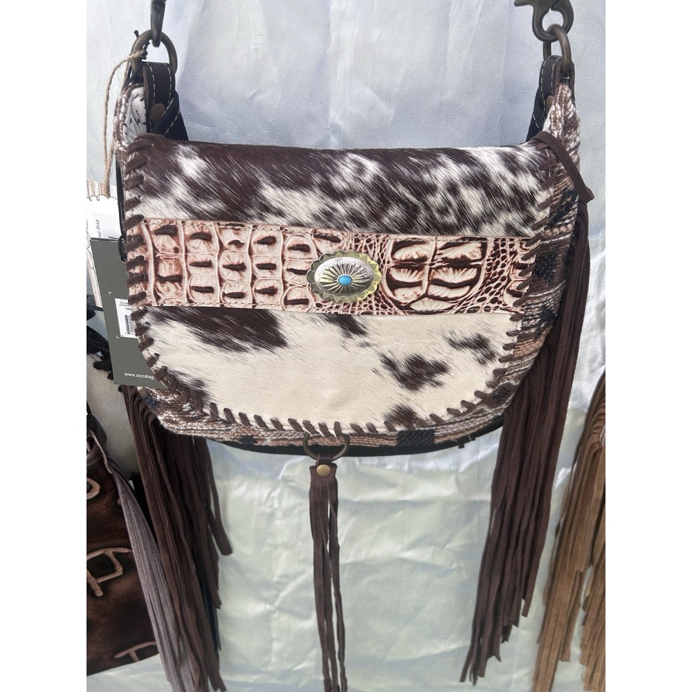 Myra Women's Fabulous Western Cowhide  Leather Cross‎ Body Handbag Fringe NWT